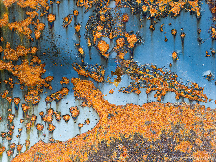 Painted Sea, Rusted Reefs: Near Waimea, HI, USA (2016-02-02) - Abstract fine art photograph of red rusted spots looking like islands in an sky-blue sea of paint
