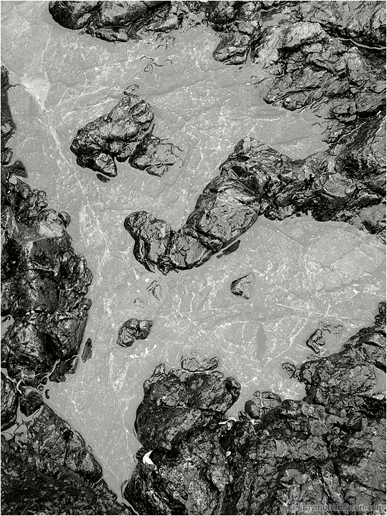 Slick Rocks, Reflection Pool (B&W): Near Tofino, BC, Canada (2011-03-30) - Fine art abstract photograph of rain-washed rocks and a translucent flat tide pool