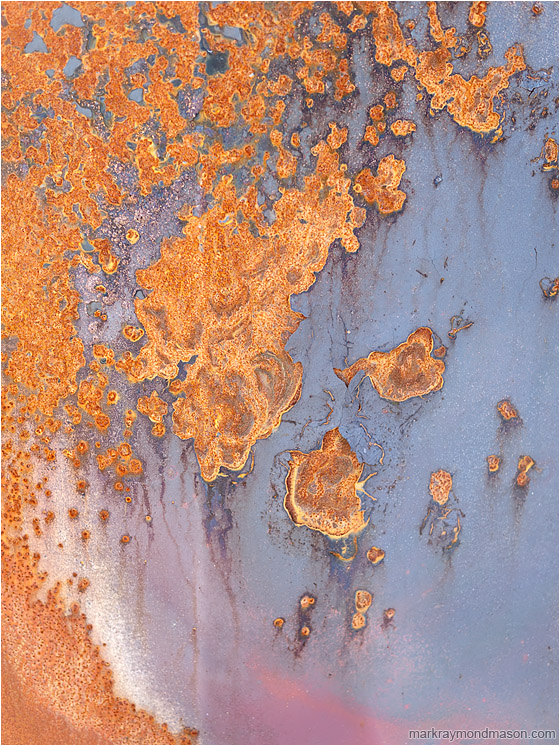 Clouded Rust: Near Gang Ranch, BC, Canada (2011-10-20) - Abstract photograph of swirled red rust on the surface of a bluish painted metal plate