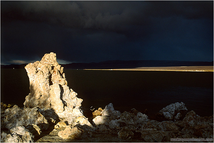 Tuffa, Storm: Mono Lake, CA, USA (2002-00-00) - Fine art photograph of a salt tuffa and an approaching storm cloud
