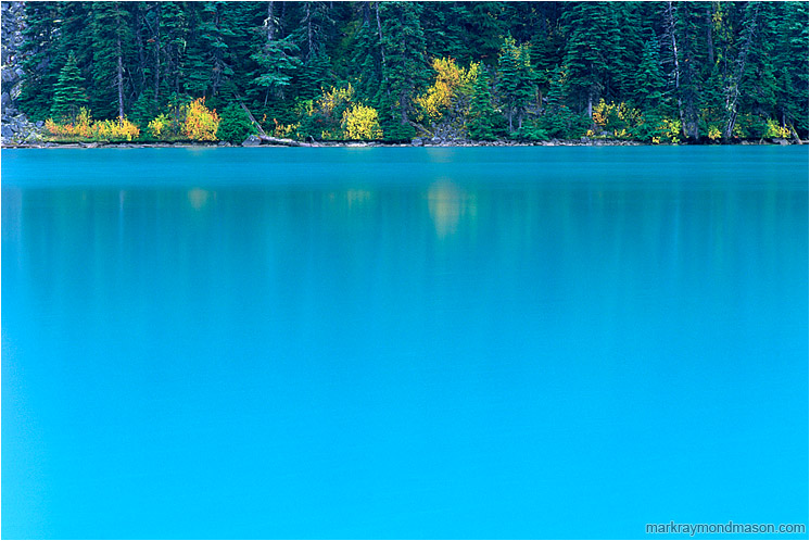 Ice Blue Lake, Reflections: Joffre Lakes, BC, Canada (2002-00-00) - Fine art photograph of blue water, reflections, and fall colors