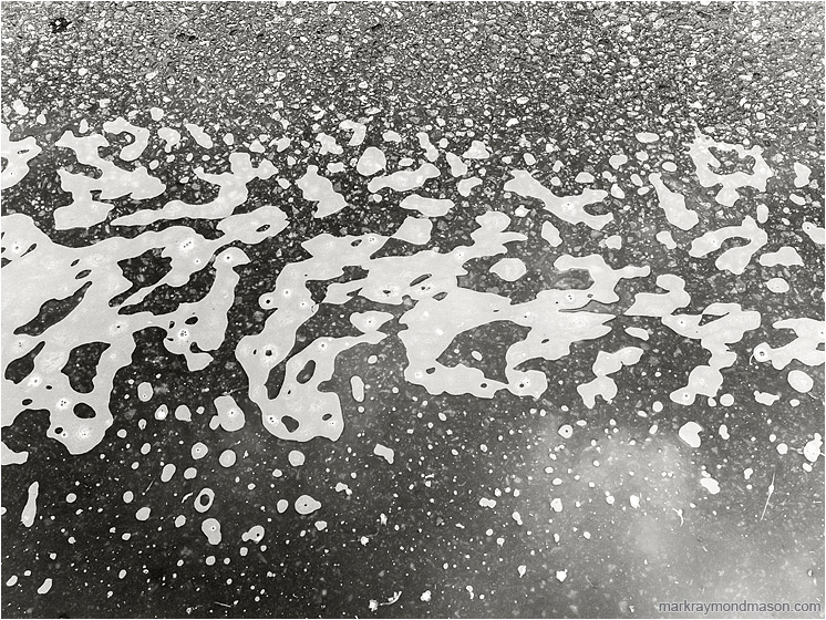 Pavement, Foam: Salmon Arm, BC, Canada (2016-05-04) - Fine art black and white photo of foam and reflections of the clouds in a roadside puddle