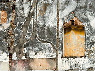 Concrete Wall, Arch, Brick Lines: Havana, Cuba (2017) - Fine art photo showing a wall next to a demolished structure, the missing adjoining walls clearly visible